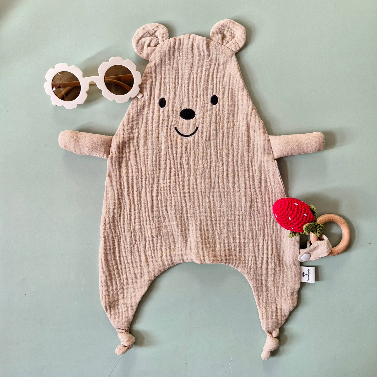 Handmade Crocheted Rattle with Beech Wood Ring – Strawberry