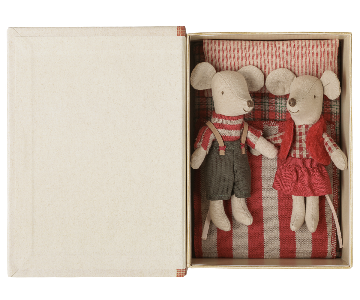 Maileg Christmas Twin Mice, Little Sister and Brother in Book