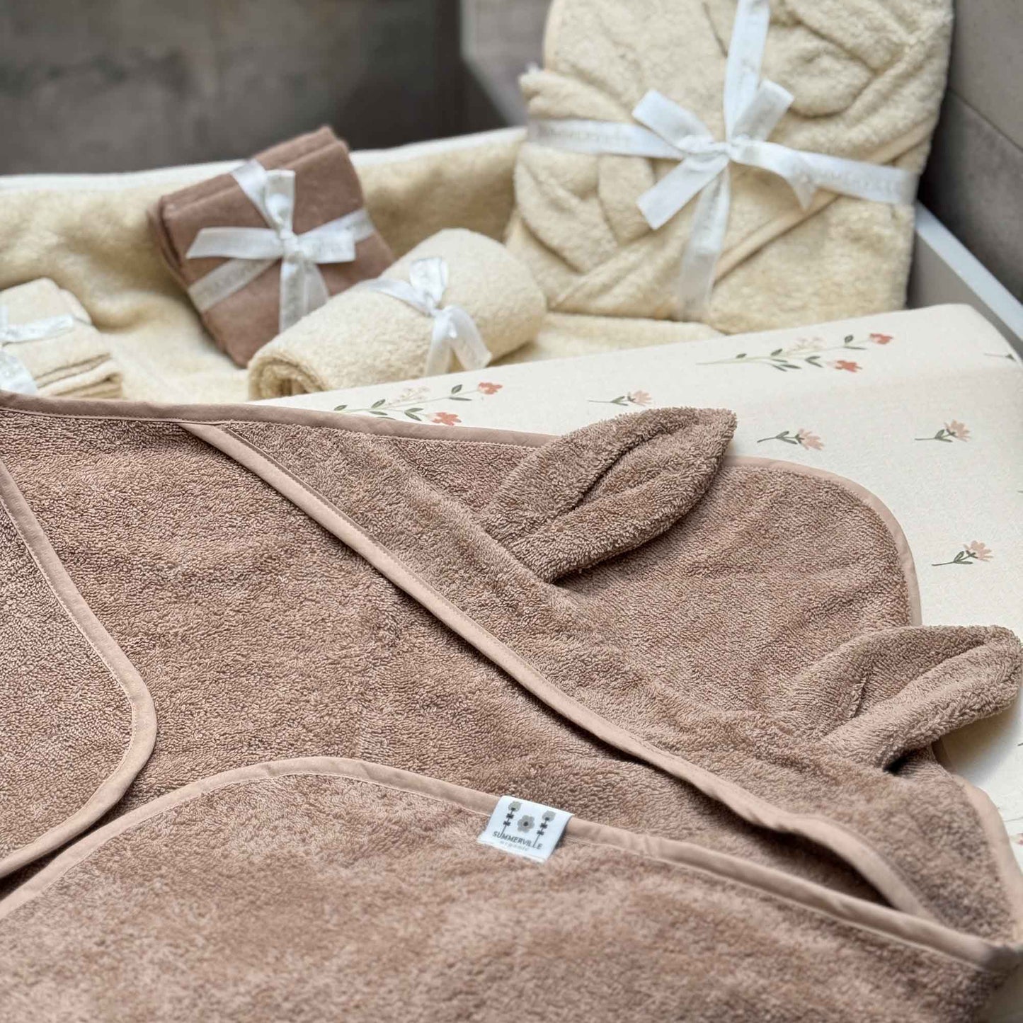 Organic Hooded Baby Towel Rabbit Warm Taupe