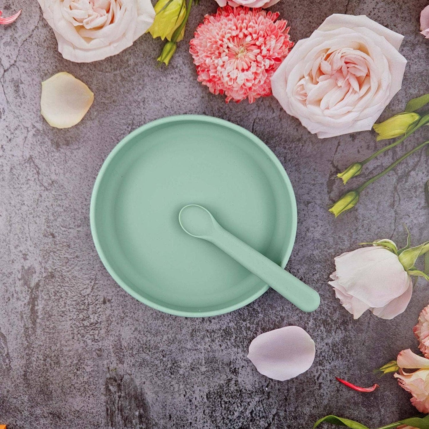 Plate and Spoon Silicone Cameo Green