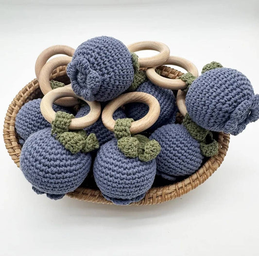 Handmade Crocheted Rattle with Beechwood Ring – Blueberry