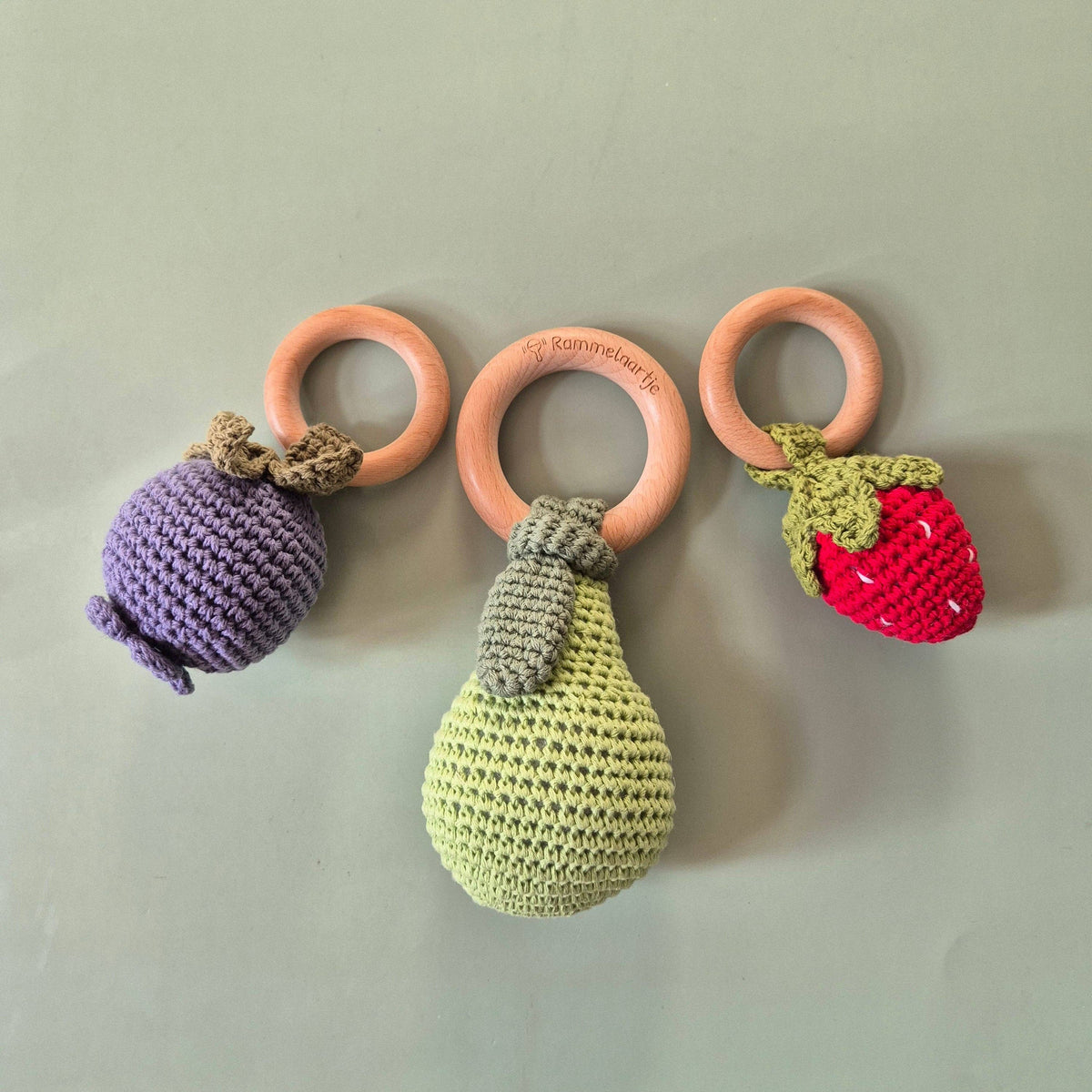 Handmade Crocheted Rattle with Beechwood Ring – Blueberry