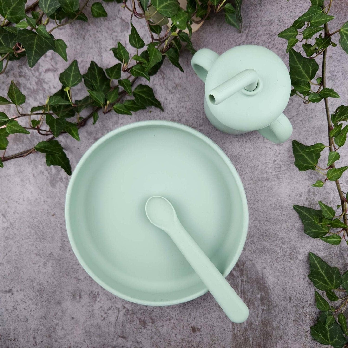 Plate and Spoon Silicone Cameo Green