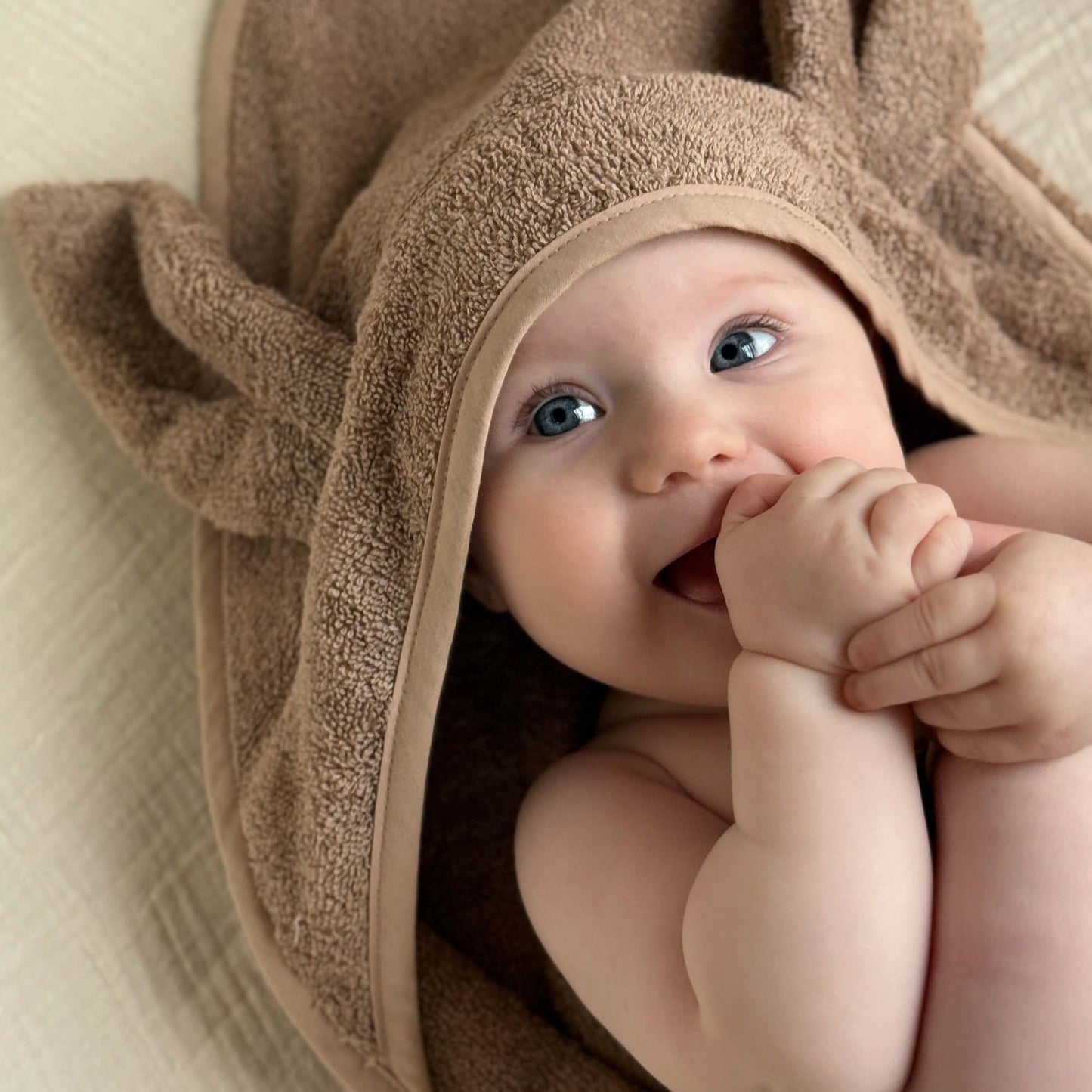 Organic Hooded Baby Towel Rabbit Warm Taupe