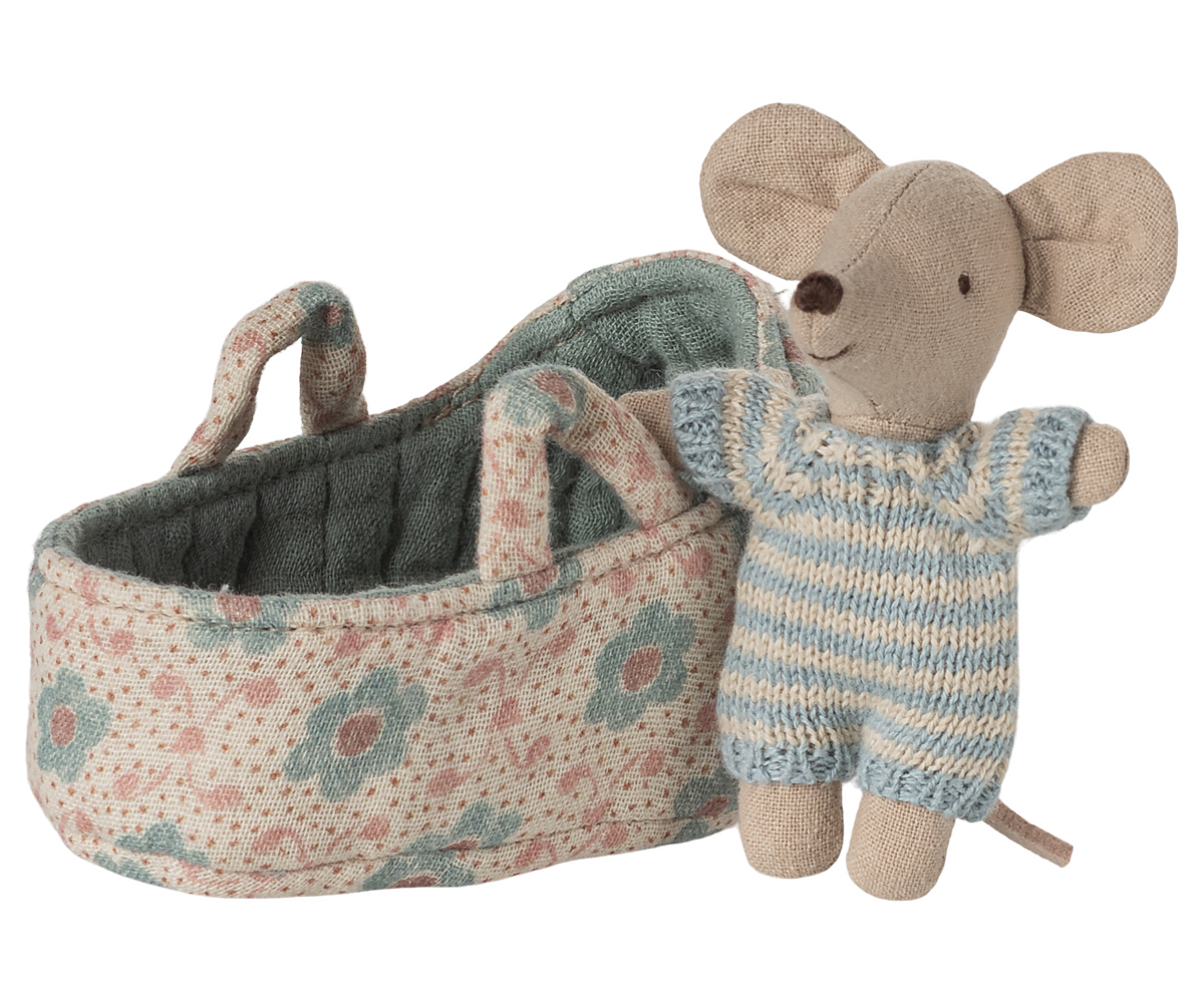 Maileg Baby Mouse in Carry Cot – Blue