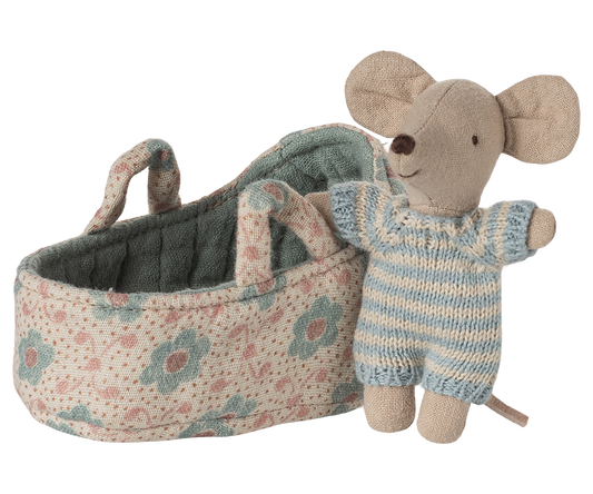 Maileg Baby Mouse in Carry Cot – Blue