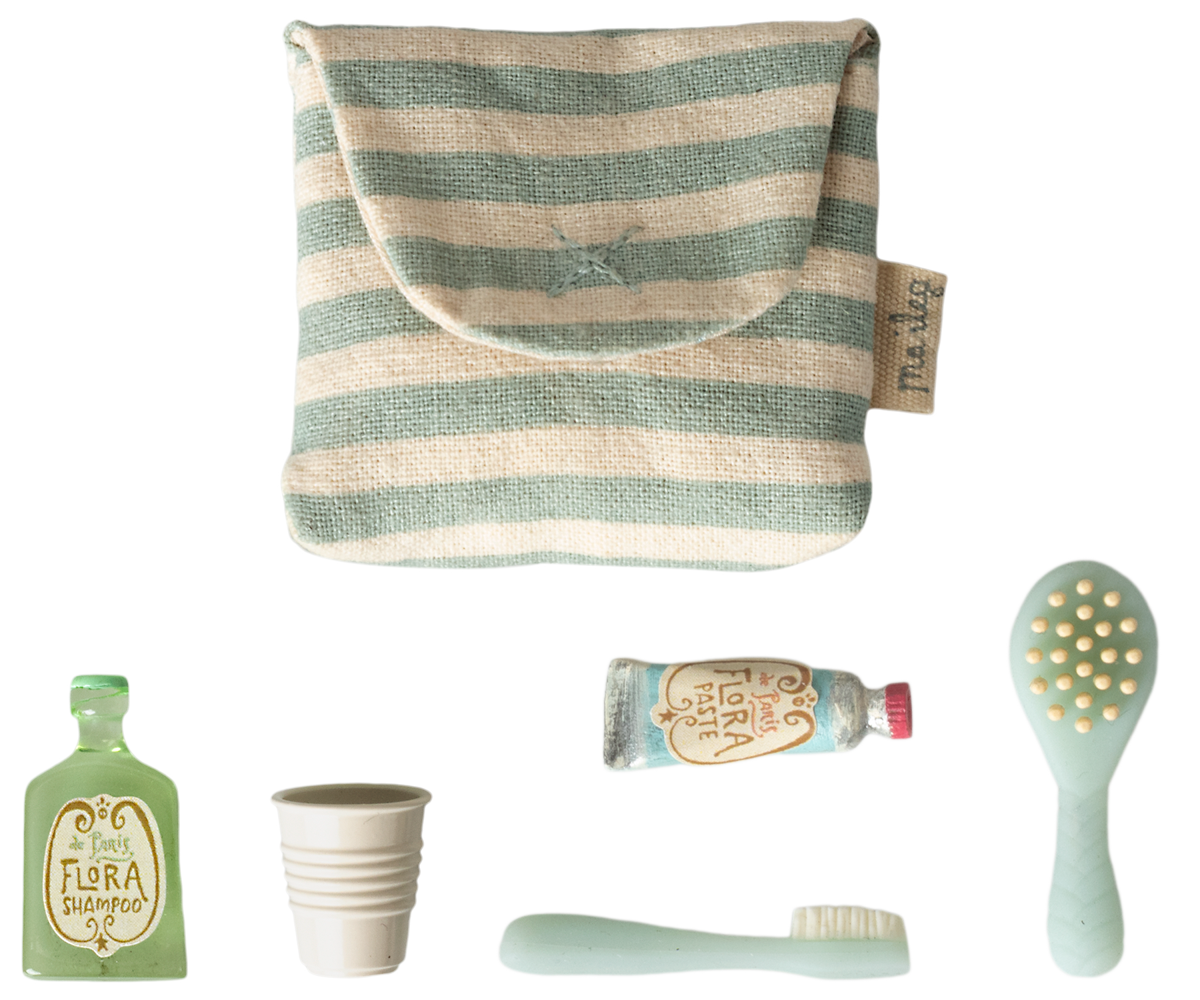 Maileg Toothbrush Set in Bag, Mouse – Blue Stripe