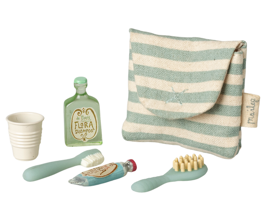 Maileg Toothbrush Set in Bag, Mouse – Blue Stripe