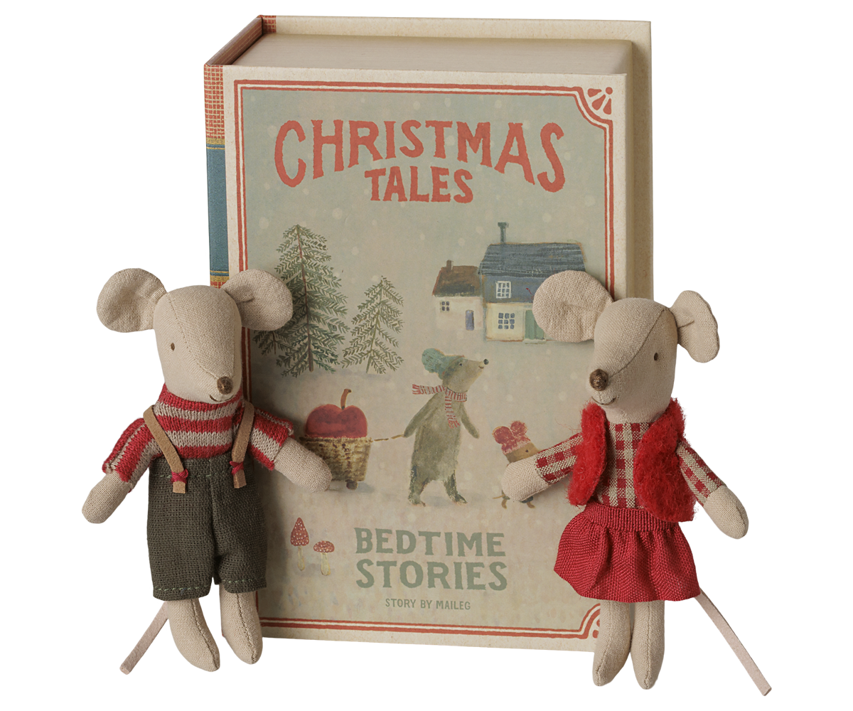 Maileg Christmas Twin Mice, Little Sister and Brother in Book