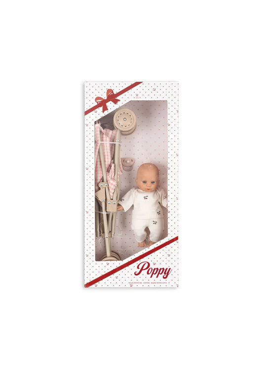 Konges Slojd Poppy doll stroller with doll set - pink check