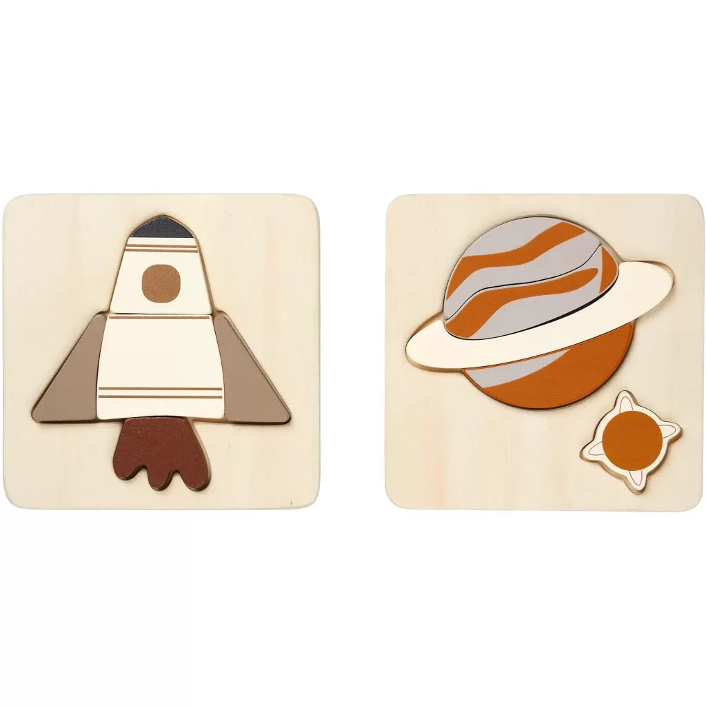 Fabelab Space shuttle & Planet Puzzle - 2 Pack - Wood
