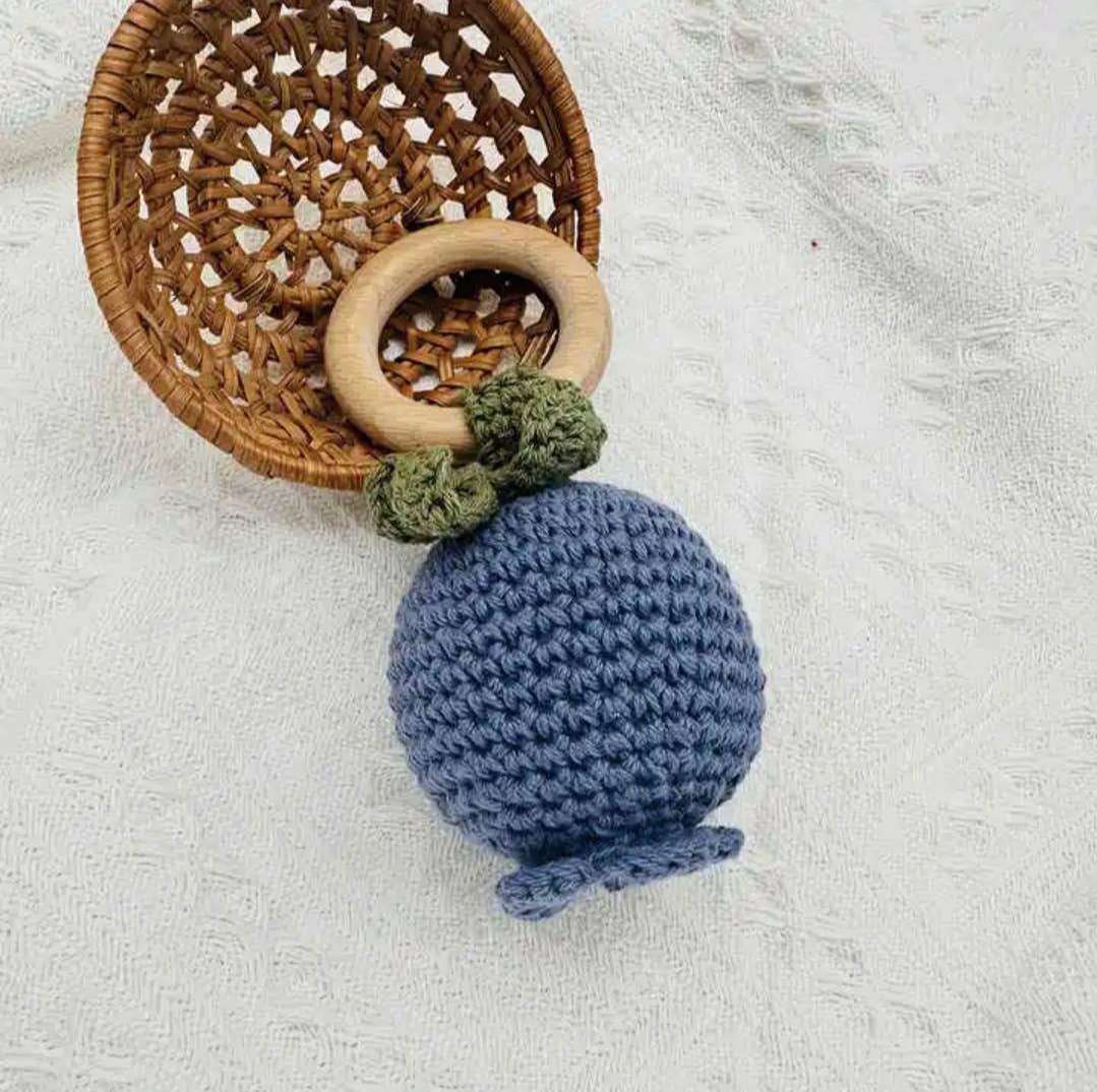 Handmade Crocheted Rattle with Beechwood Ring – Blueberry
