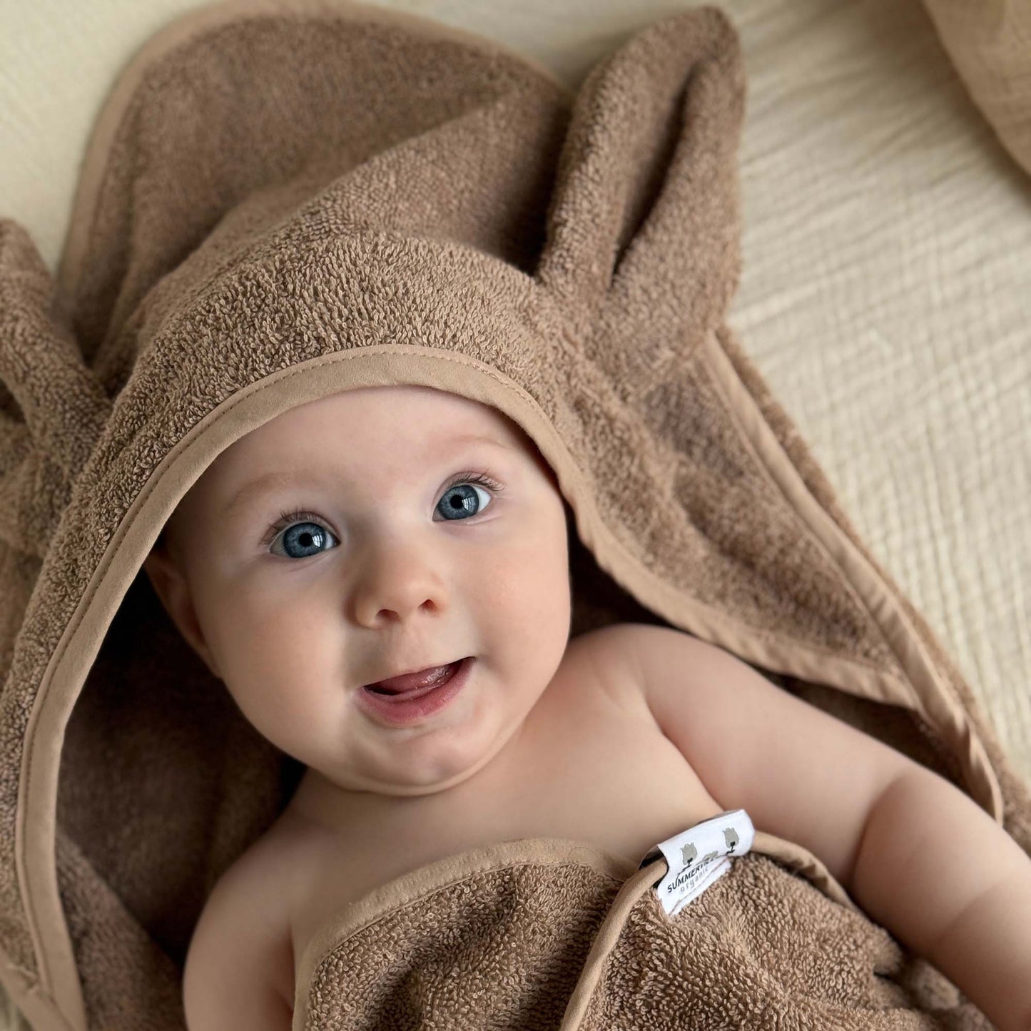 Organic Hooded Baby Towel Rabbit Warm Taupe